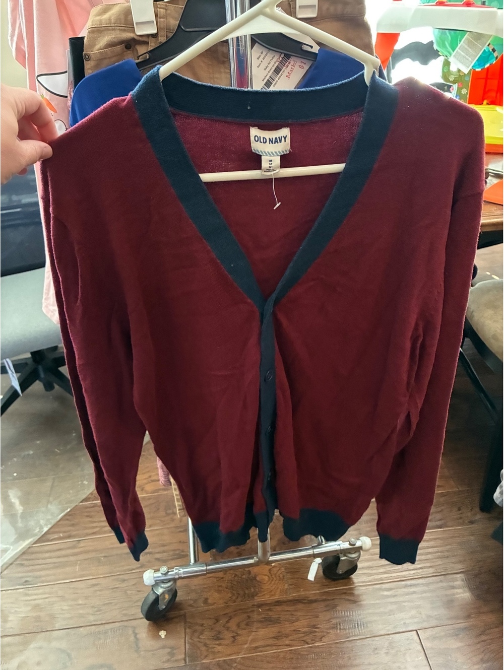 Old Navy burgundy cardigan with black trim